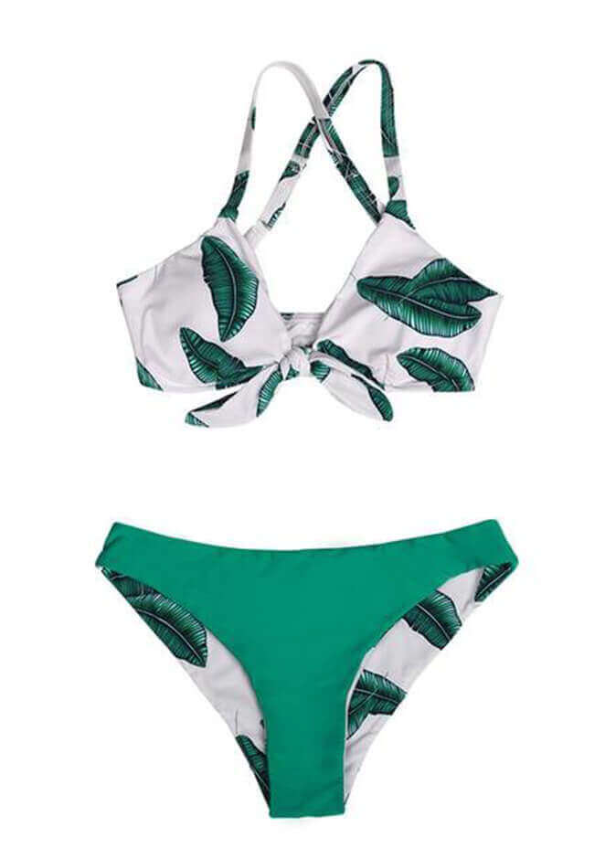 SEASELFIE Sexy Green Leaf Print Bowknot Bikini Sets Swimsuit Reversible Bottom Two Pieces Swimwear Women 2021 Beach Bathing Suit