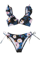 Load image into Gallery viewer, Swimsuit Women Sexy Lace Up Two Pieces Black Floral Ruffled V-neck Bikini Sets
