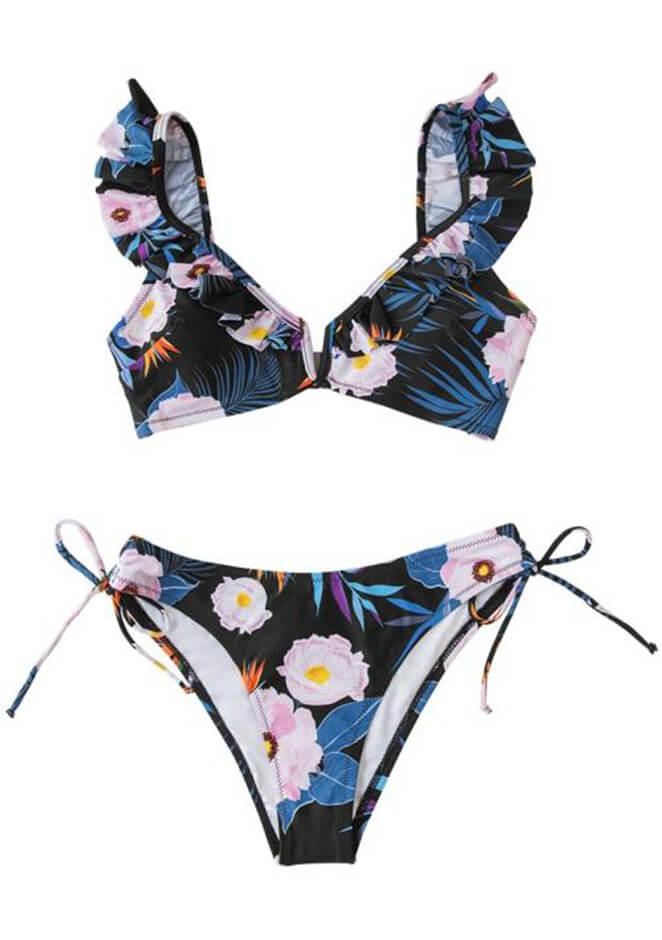 Swimsuit Women Sexy Lace Up Two Pieces Black Floral Ruffled V-neck Bikini Sets