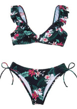 Load image into Gallery viewer, Swimsuit Women Sexy Lace Up Two Pieces Black Floral Ruffled V-neck Bikini Sets
