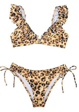 Load image into Gallery viewer, Swimsuit Women Sexy Lace Up Two Pieces Black Floral Ruffled V-neck Bikini Sets
