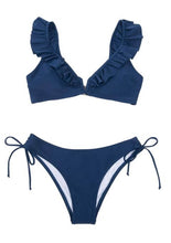 Load image into Gallery viewer, Swimsuit Women Sexy Lace Up Two Pieces Black Floral Ruffled V-neck Bikini Sets
